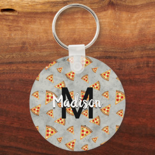Cool pizza slices vintage grey pattern Monogram Key Ring
