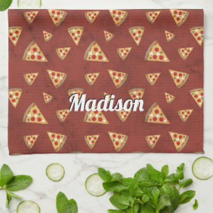 Cool pizza slices vintage red pattern Personalise Tea Towel