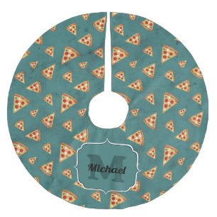 Cool pizza slices vintage teal pattern Monogram Brushed Polyester Tree Skirt