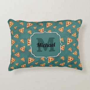 Cool pizza slices vintage teal pattern Monogram Decorative Cushion