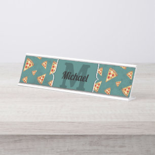 Cool pizza slices vintage teal pattern Monogram Desk Name Plate