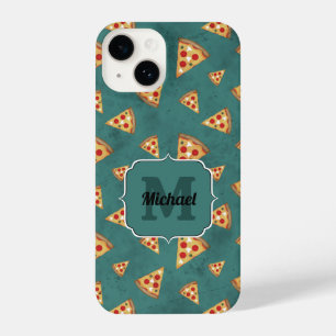 Cool pizza slices vintage teal pattern Monogram iPhone 14 Case