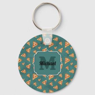 Cool pizza slices vintage teal pattern Monogram Key Ring