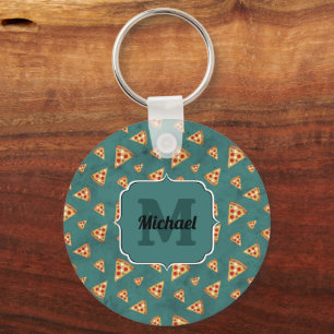 Cool pizza slices vintage teal pattern Monogram Key Ring