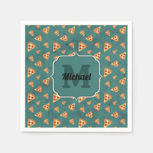 Cool pizza slices vintage teal pattern Monogram Napkin