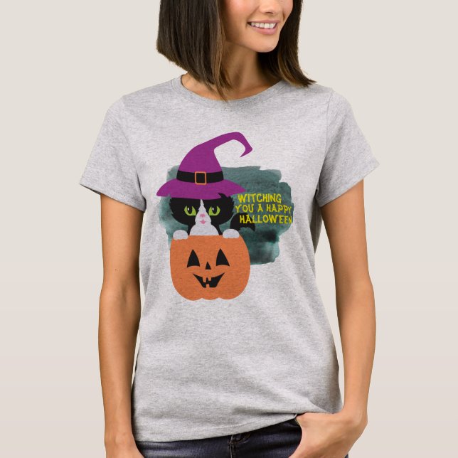 Cool Play on Words Halloween Witch Black Cat T-Shirt (Front)