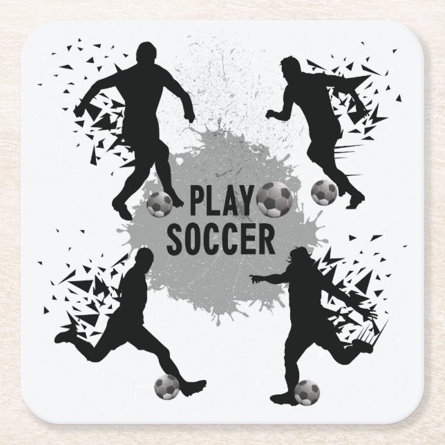 Cool Play Soccer Silhouettes Square Paper Coaster (Front)