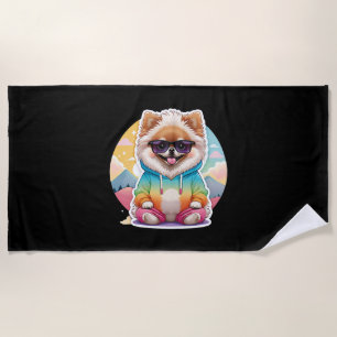 Cool Pomeranian in Rainbow Hoodie Beach Towel