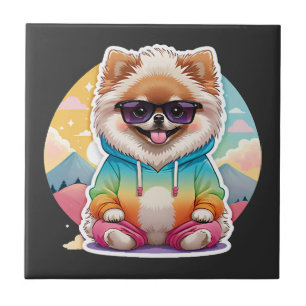 Cool Pomeranian in Rainbow Hoodie Ceramic Tile