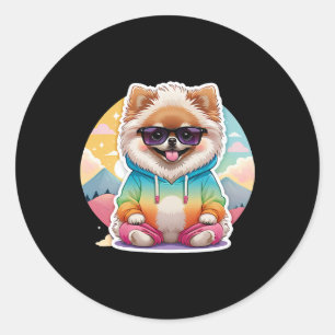 Cool Pomeranian in Rainbow Hoodie Classic Round Sticker