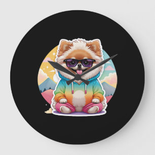Cool Pomeranian in Rainbow Hoodie Large Clock