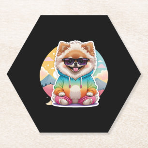 Cool Pomeranian in Rainbow Hoodie Paper Coaster