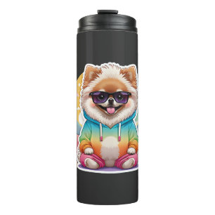 Cool Pomeranian in Rainbow Hoodie Thermal Tumbler