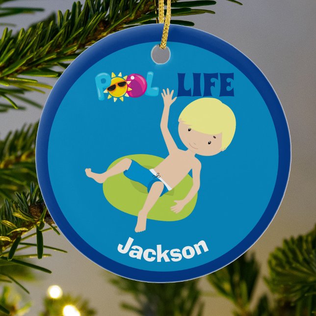 Cool Pool Boy Personalised Blonde Kids Swim Team Ceramic Ornament (Creator Uploaded)