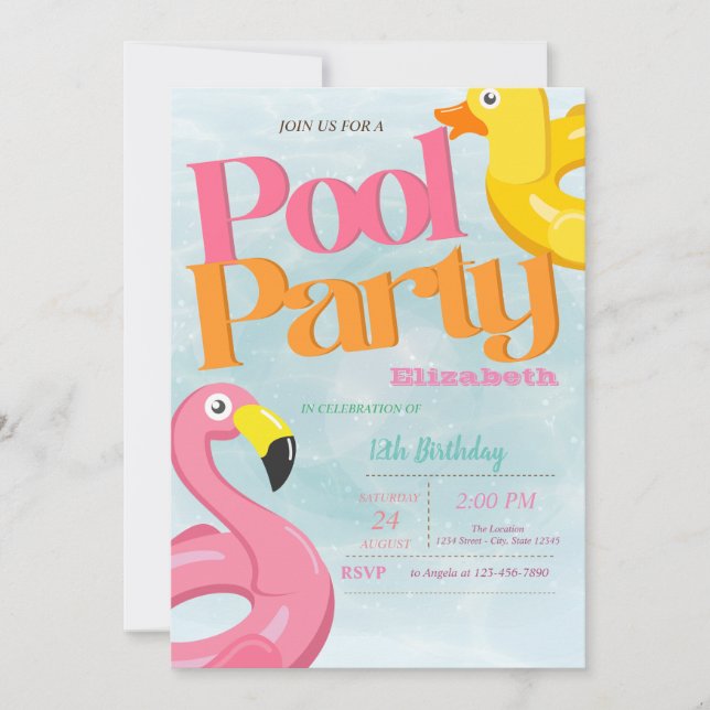 Cool Pool Flamingos Summer Birthday Party  Invitation (Front)