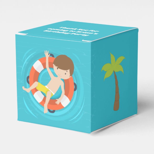 Cool Pool Party Boy Swimming Kids Blue Birthday Favour Box (Front Side)