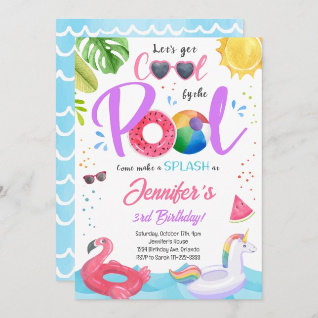 Cool Pool Party Girls Birthday Invitation (Front/Back)