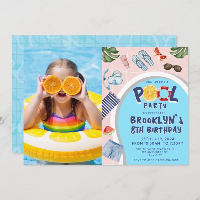 Cool Pool Party Photo Birthday Invitation (Front/Back)