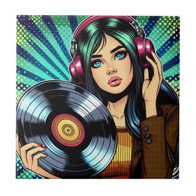 Cool Pop Art Comic Style Girl with Vinyl Album Ceramic Tile (Front)