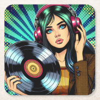 Cool Pop Art Comic Style Girl with Vinyl Album