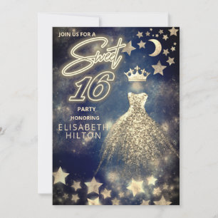 Cool princess Gold Sequins dress moon stars  blue Invitation