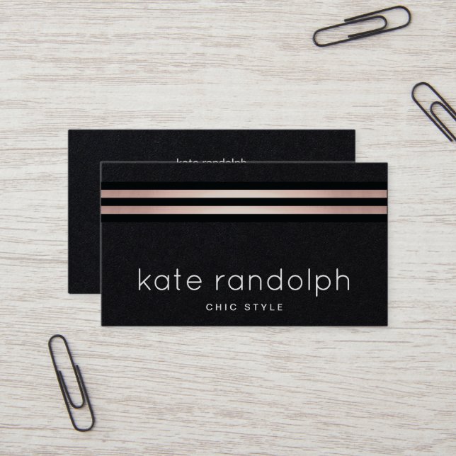 Cool Professional Rose Gold Black Stripes Business Card (Front/Back In Situ)