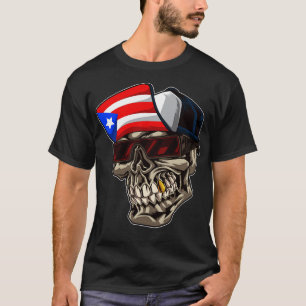 Cool Puerto Rico Skull With Cap and Boricua Flag  T-Shirt