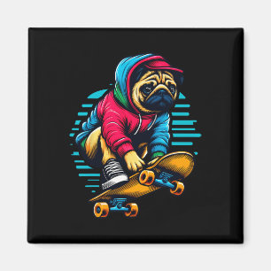 Cool Pug Dog Owner Skateboarding Illustration Art Magnet