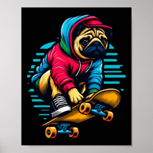 Cool Pug Dog Owner Skateboarding Illustration Art Poster