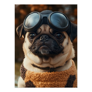 Cool Pug Dog with Aviator Goggles & Cozy Sweater Poster