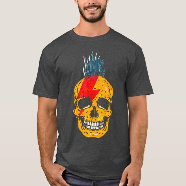 Cool Punk Rock Colourful Skull With Mohawk Skeleto T-Shirt (Front)