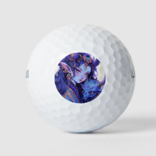 Cool Purple and Gold Horned Elf Anime Girl Golf Balls