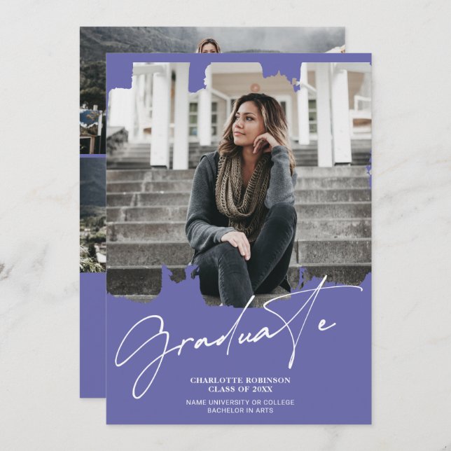 Cool purple blue graduate script photo graduation invitation (Front/Back)