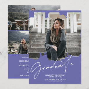 Cool purple blue graduate script photo graduation invitation