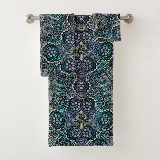 Cool Purple Blue Green Black New-Age Boho Mandala Bath Towel Set (Insitu)