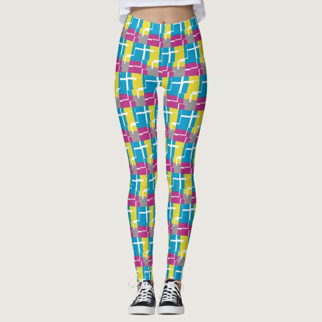 COOL Purple Blue Yellow Grey Pattern Leggings (Front)