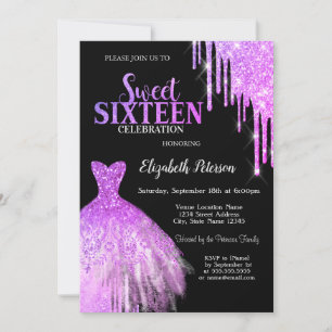 Cool Purple Glitter Drips,Dress Black Sweet 16 Invitation