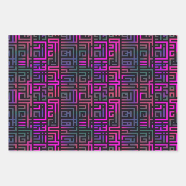 Cool Purple Green Grid Maze Line Pattern Wrapping Paper Sheet (Front)
