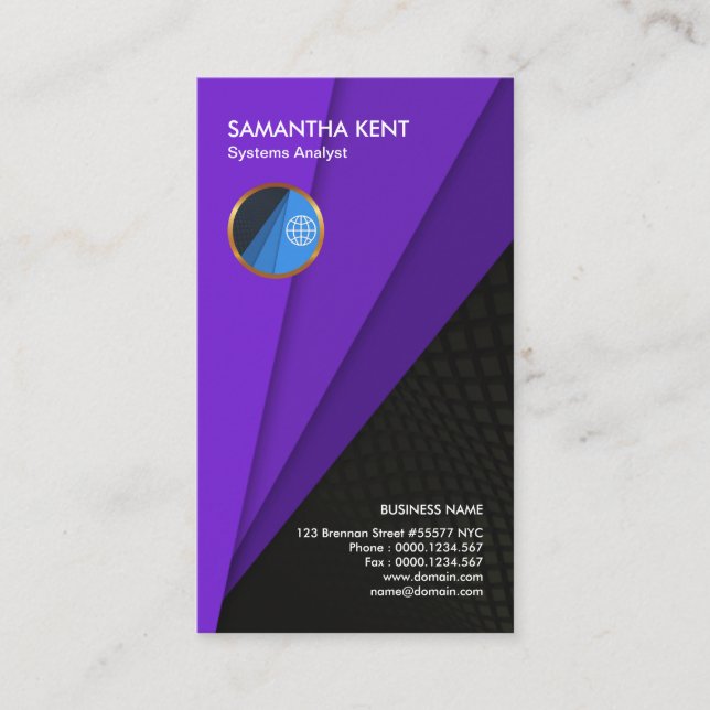 Cool Purple Trapezium Black Web Systems Analyst Business Card (Front)