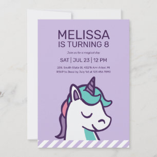 Cool Purple Unicorn Girl Birthday Invitation