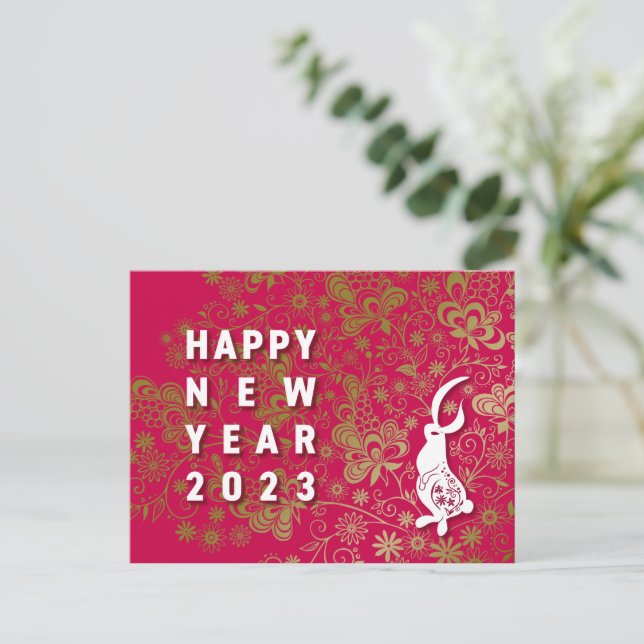 Cool Rabbit and Flower New Year's Postcard ~RedBas (Standing Front)