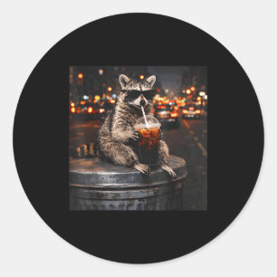 Cool raccoon drinking iced coffee animal cats meme classic round sticker