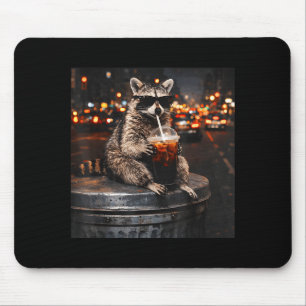 Cool raccoon drinking iced coffee animal cats meme mouse pad