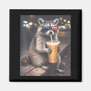 Cool raccoon drinking iced coffee funny animal mem magnet