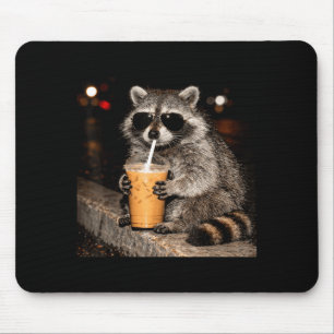 Cool raccoon drinking iced coffee funny meme anima mouse pad