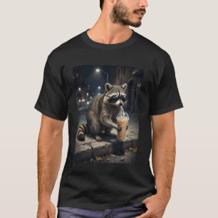 Cool Raccoon Drinking Iced Coffee Night Scene T-Shirt