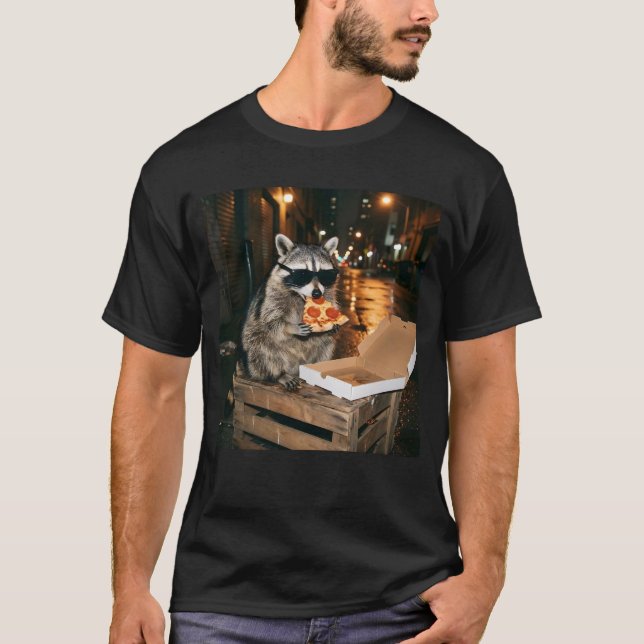 Cool Raccoon Eating Pizza Night City Illustration T-Shirt (Front)