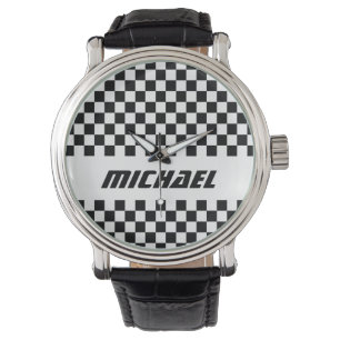 Cool Racing Black and White Chequered Flag Name Watch