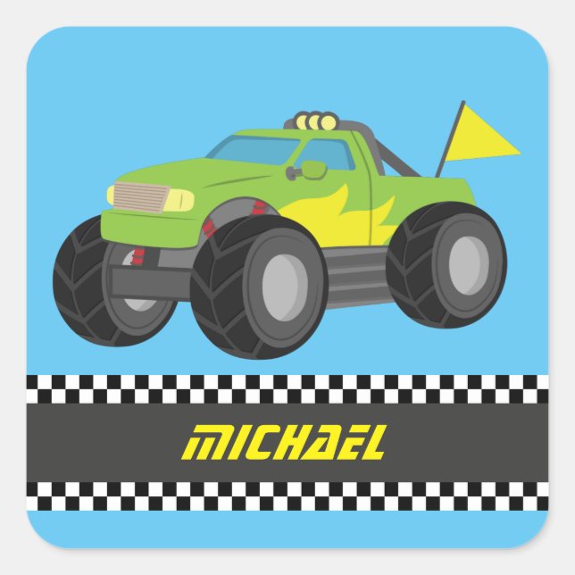 Cool Racing Green Monster Truck for Racer Boys Square Sticker (Front)