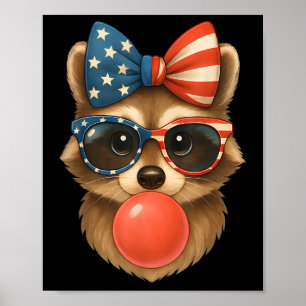 Cool Racoon Bubble Gum Usa Flag Patriotic 4th Of  Poster